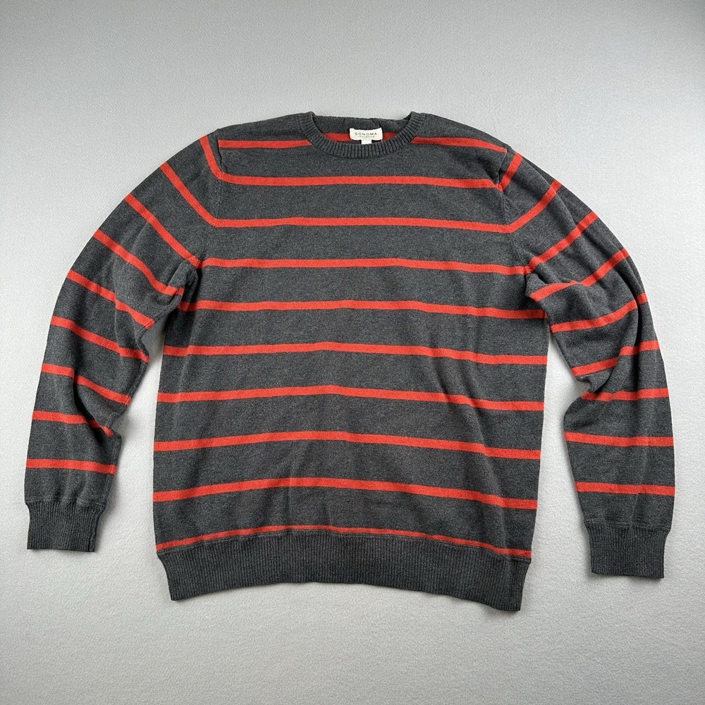 Sonoma Men's Sweater Size Large Gray Red Striped 100% Cotton Crew Neck Pullover